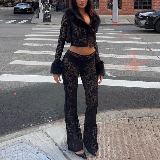 Autumn and Winter New Womens Fashion Printed Hairy Collar Lace Splicing Sexy Perspective Pants Two Piece Set