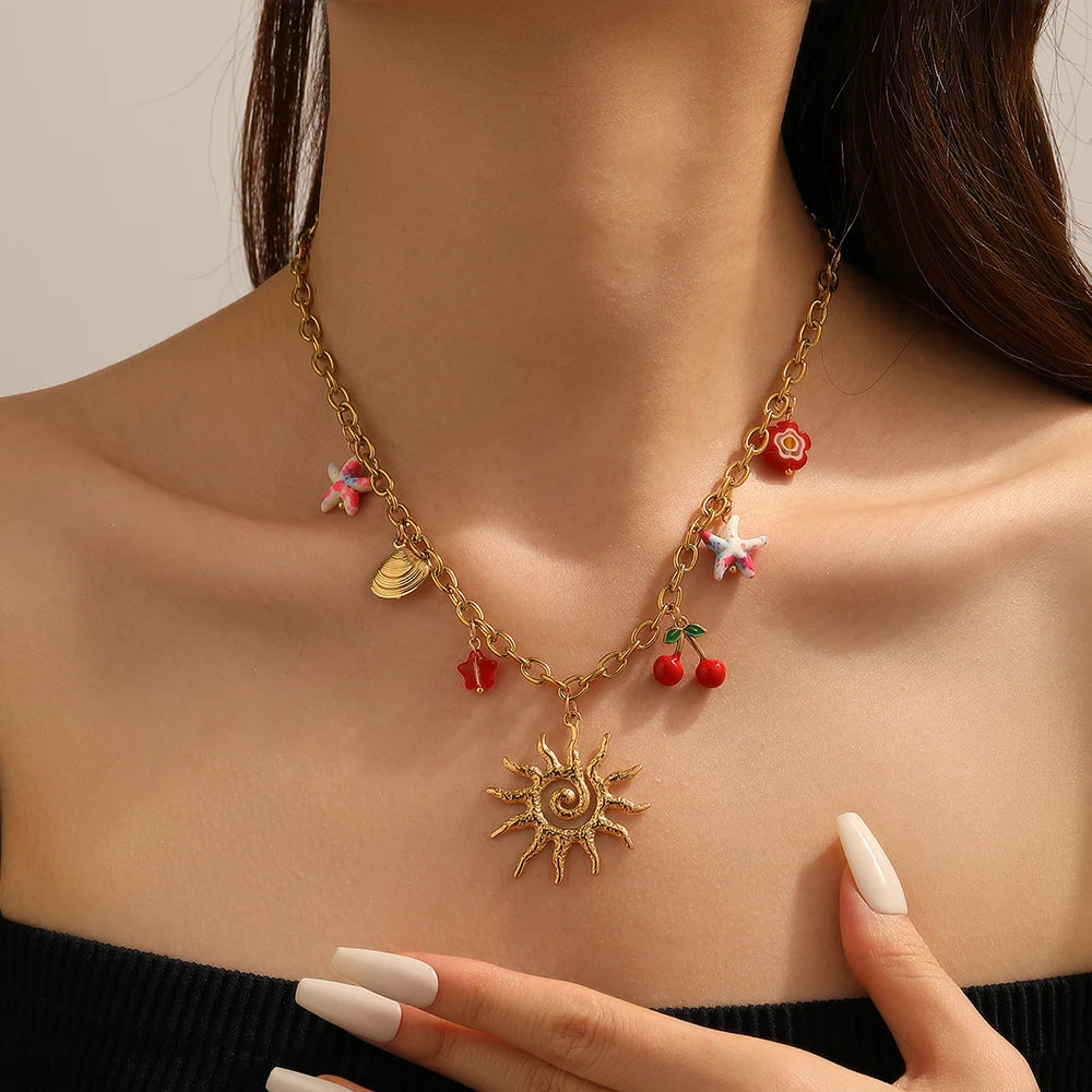 Stainless Steel Golden Sun Totem Cherry Starfish Flower Necklace Women New Fashion Neck Chain Jewelry Party Gift