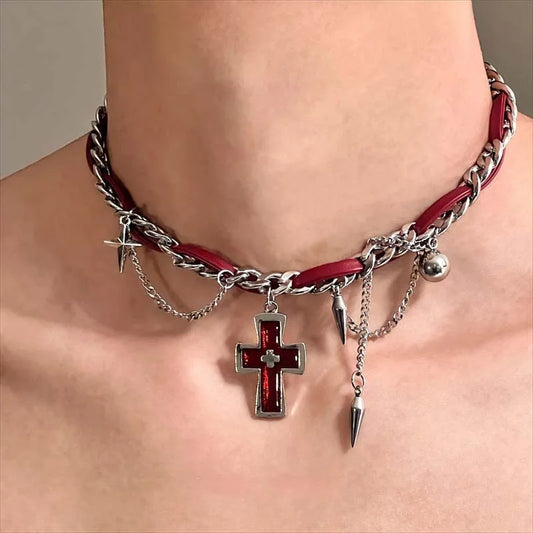 Y2K Cross Rivet Tassel Necklaces for Women Men Punk Red Leather Rope Star Round Choker Necklaces Party Jewelry Accessories